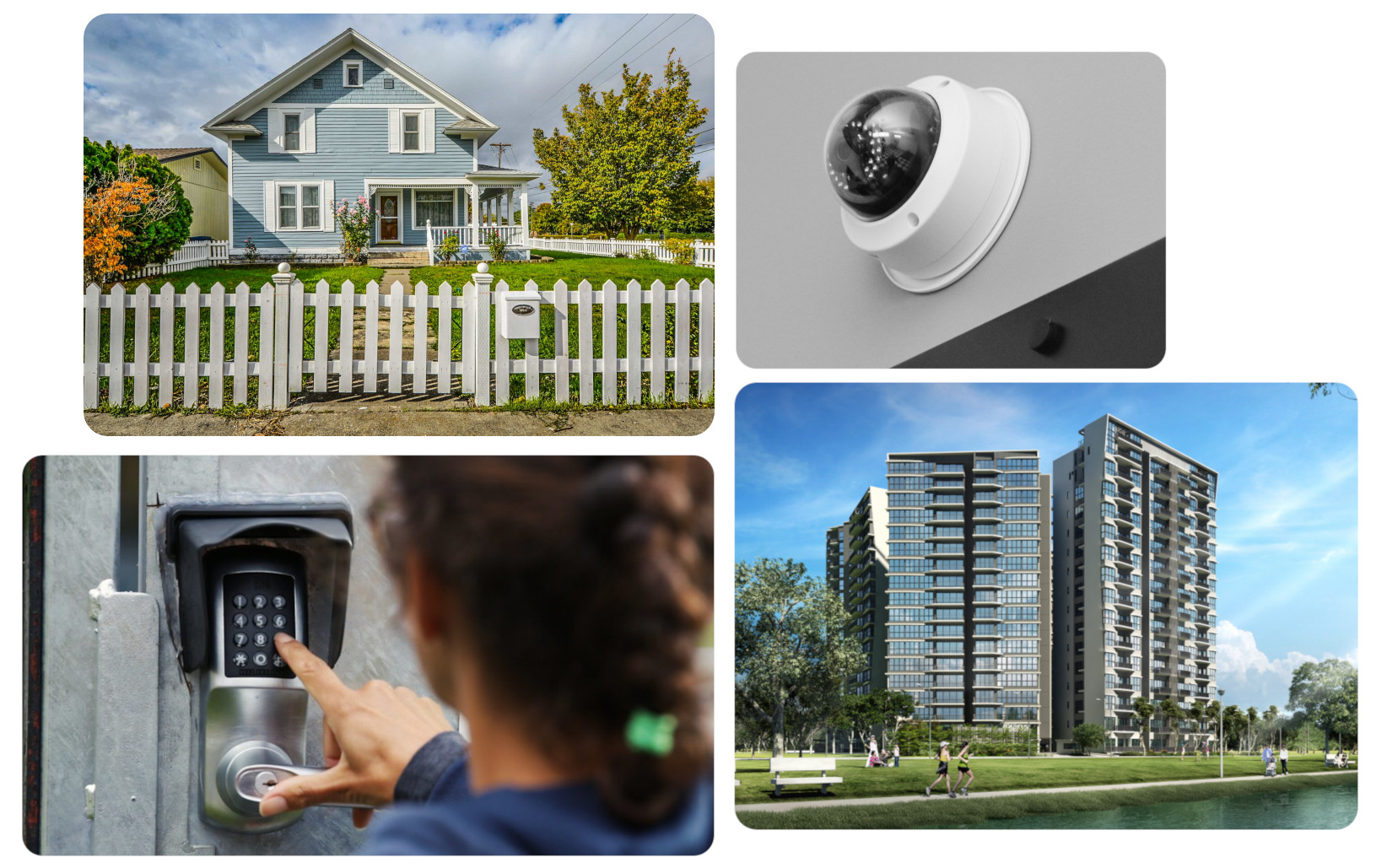 Collage of images - security camera, door entry access, residential and high rise building.